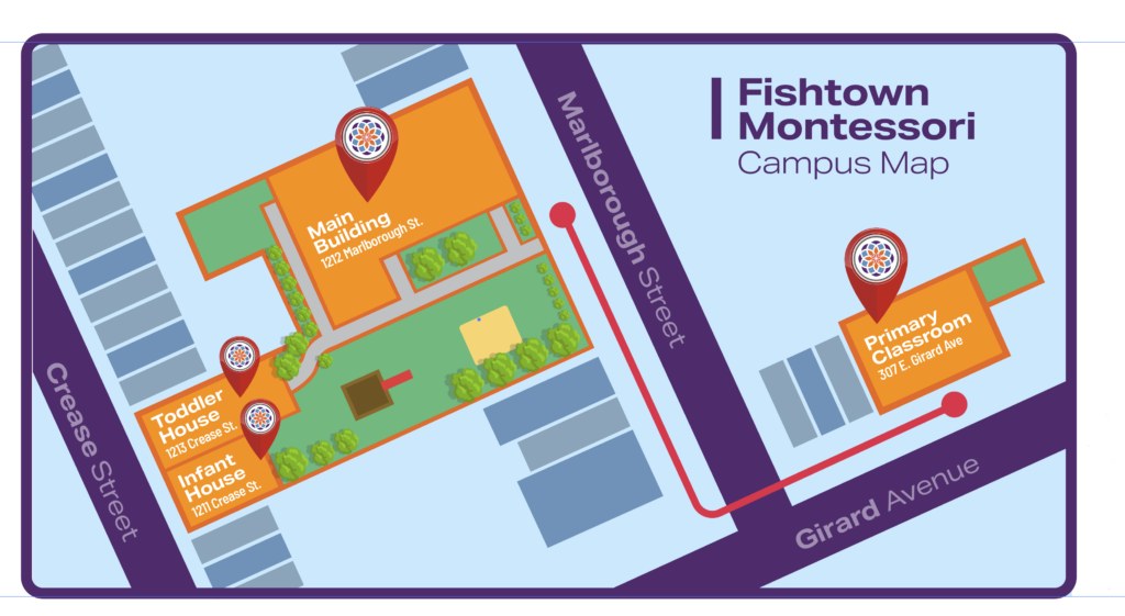 Campus map showing the main building on Girard Avenue and the Marlborough Street and Crease Street buildings
